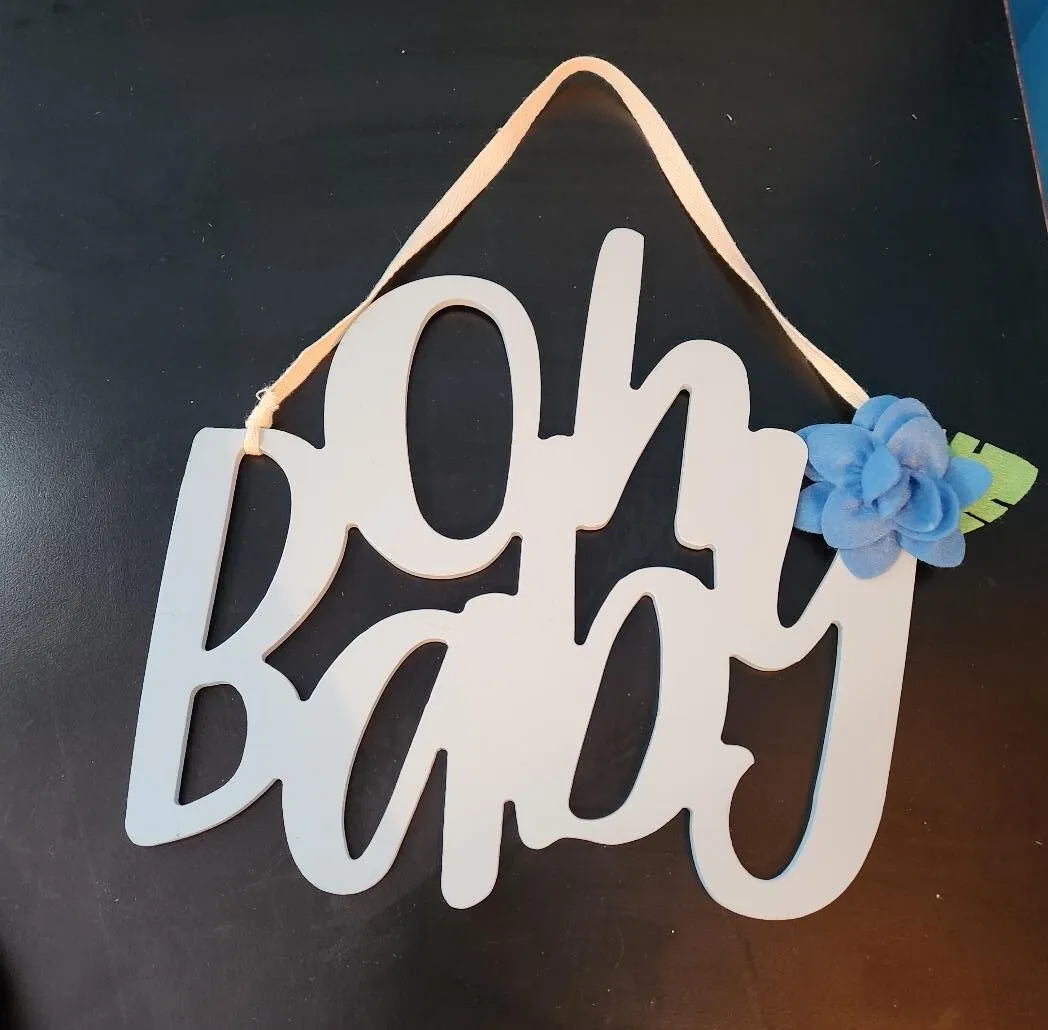 Oh Baby Wooden Hanging Sing with Blue Felt Flower