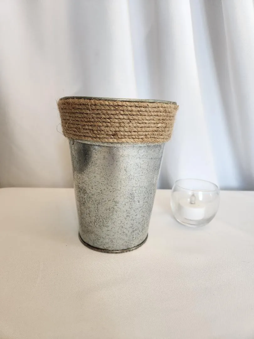 Galvanized Metal Pail  Twine Wrapped Top 6.5 in Tall