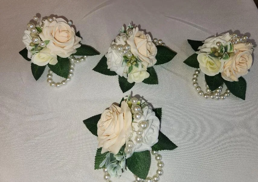 White and Champagne Roses Wrist Corsages with Beads Set J    (QTY 12)