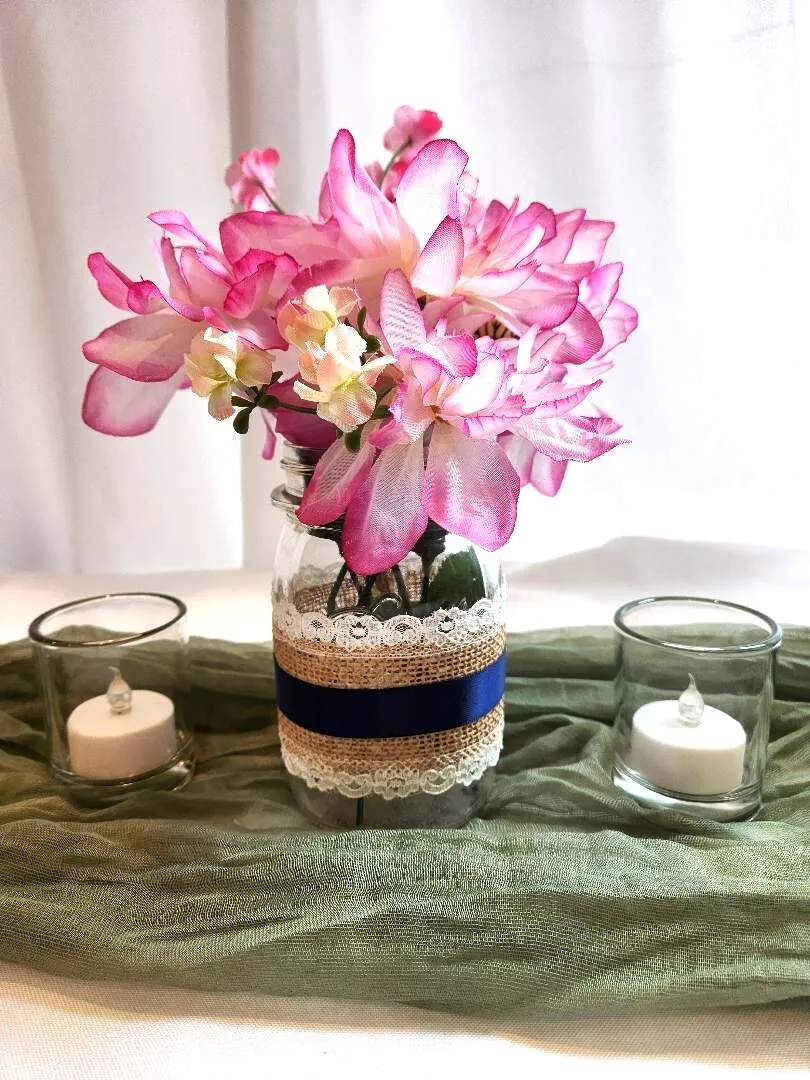 Mason Jar Centerpieces Blue Ribbon Burlap Lace Vases or Candle Holders (QTY 19)