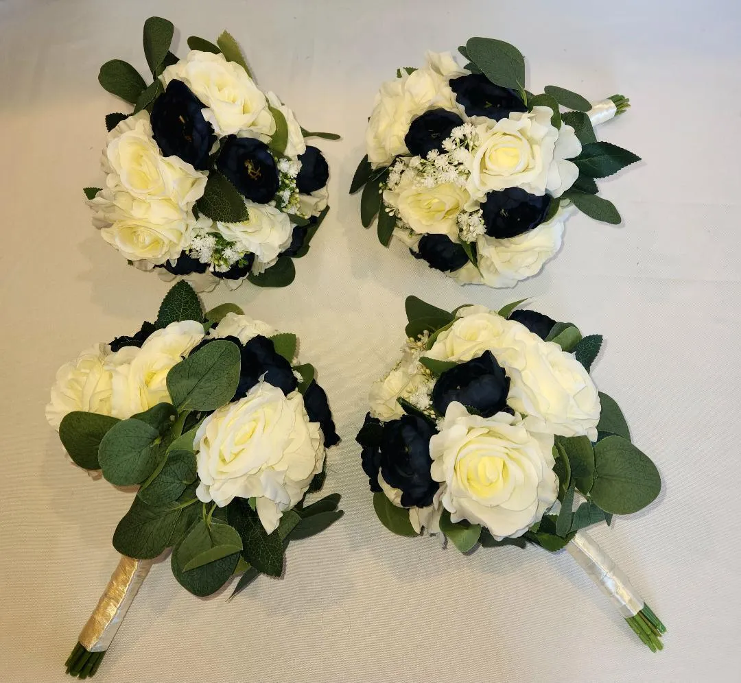 Navy Blue and White Bridesmaid Bouquets Ribbon Wrapped Handles SET F (QTY 4)