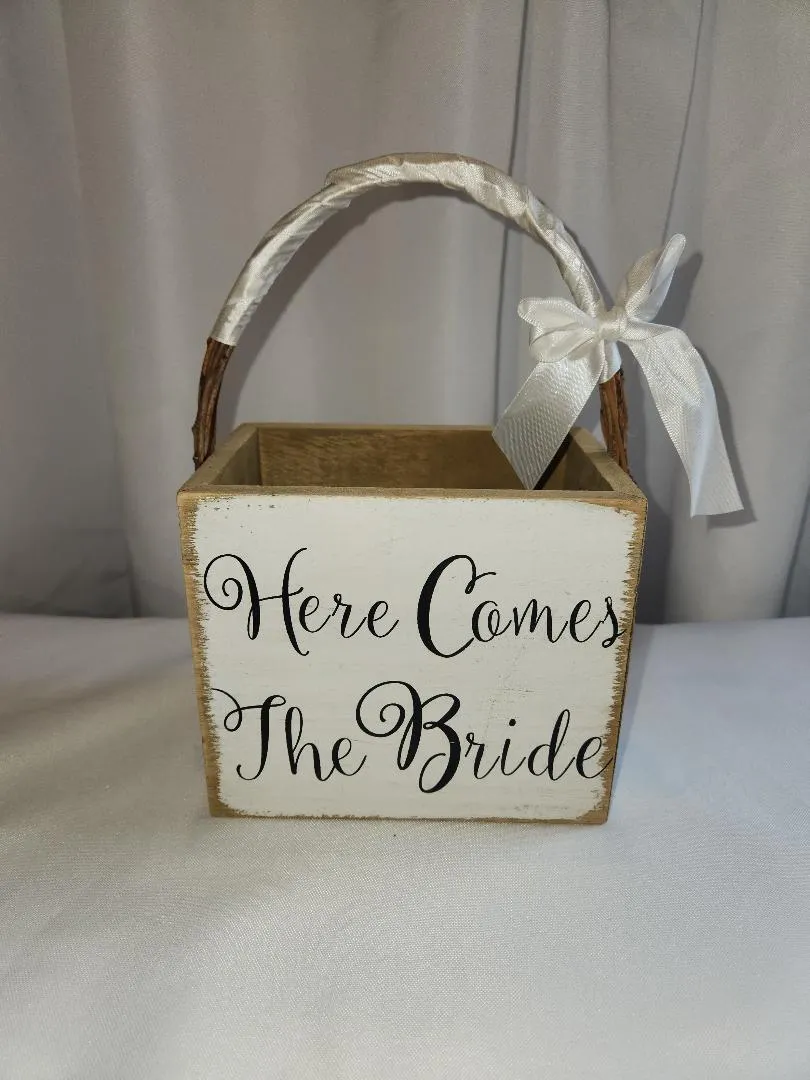 Here Comes The Bride White Wooden Basket for Flower Girl