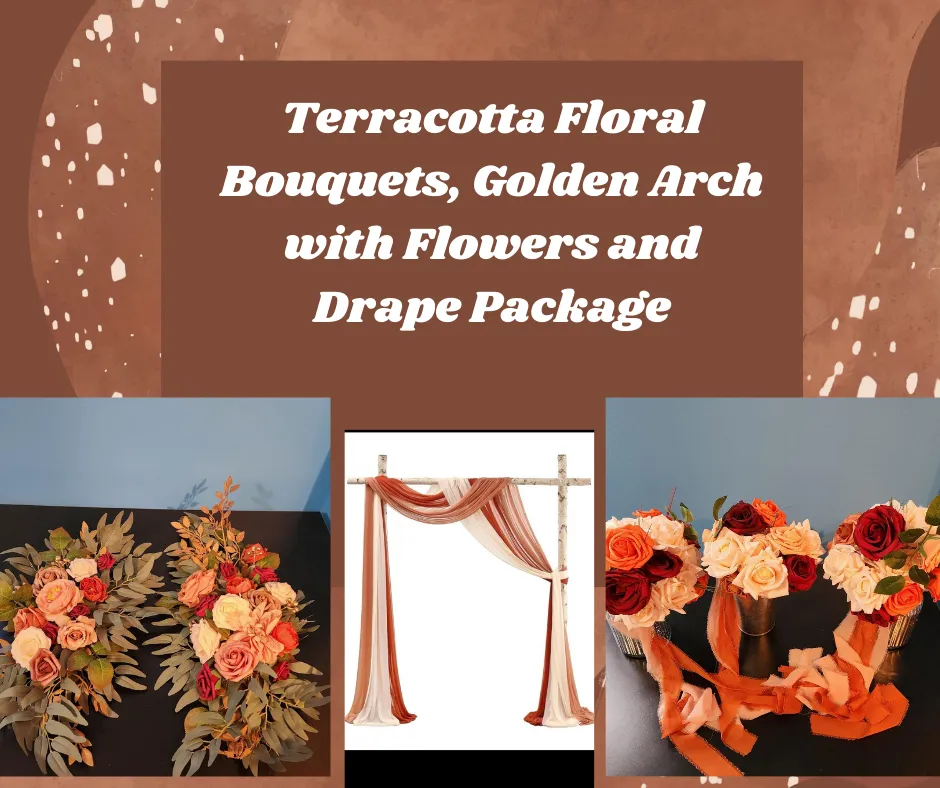 Terracotta Wedding Ceremony Package  Floral Bouquets, Golden Arch with Flowers and Drapes