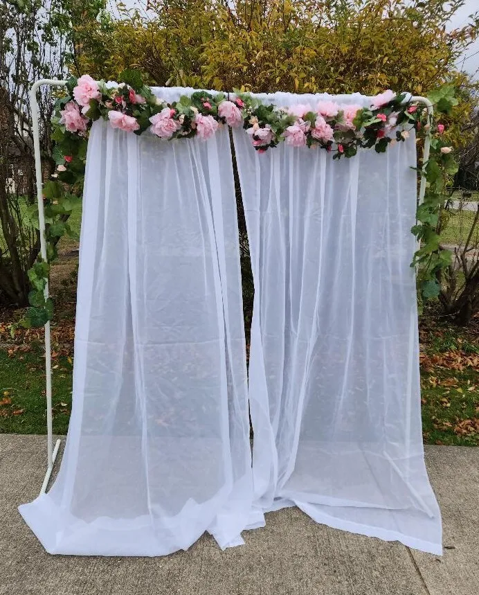 White Metal Arch With Drapes and Floral of Pink Flowers and Ivy  1 SET