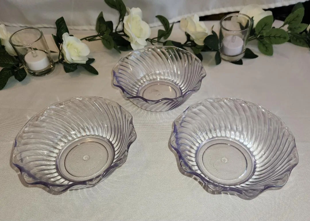 3 Heavy Duty Plastic Clear Swirl Bowls   (QTY 1 SET of 3)