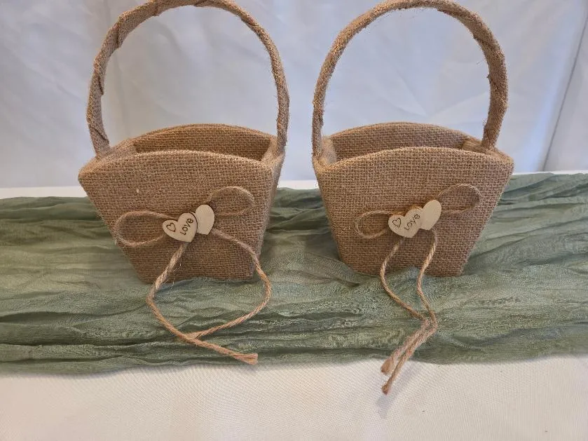 Burlap Flower Girl Basket Love Themed Rustic  (QTY 2)