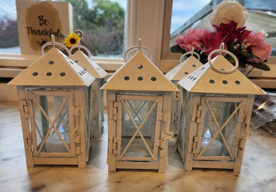 White Metal Lanterns Style 2 LED Lights Included  (QTY 6)