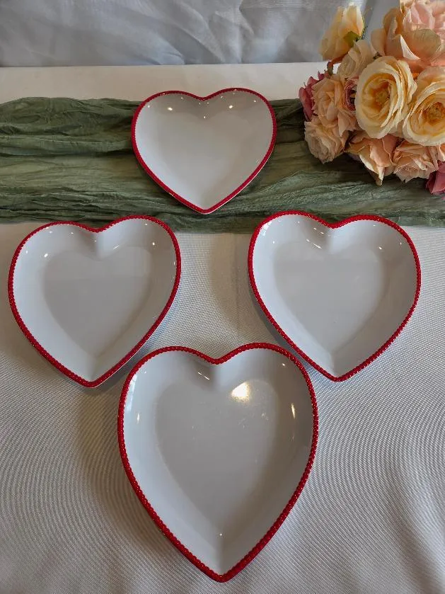 White with Red Trim Heart Shaped Dishes Candy Nuts LARGE   (QTY 4)