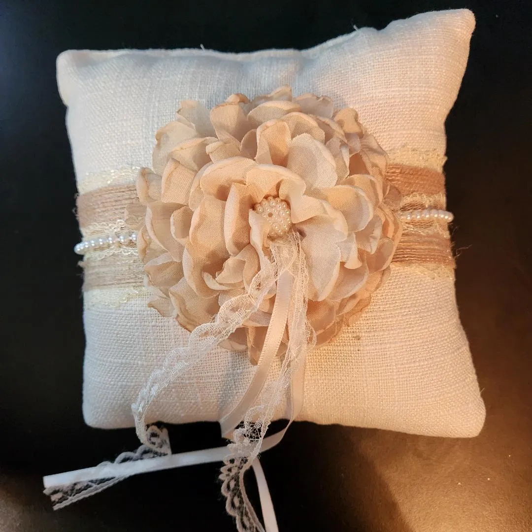 Ring Bearer Pillow Beige Pearls Lace Back Handle