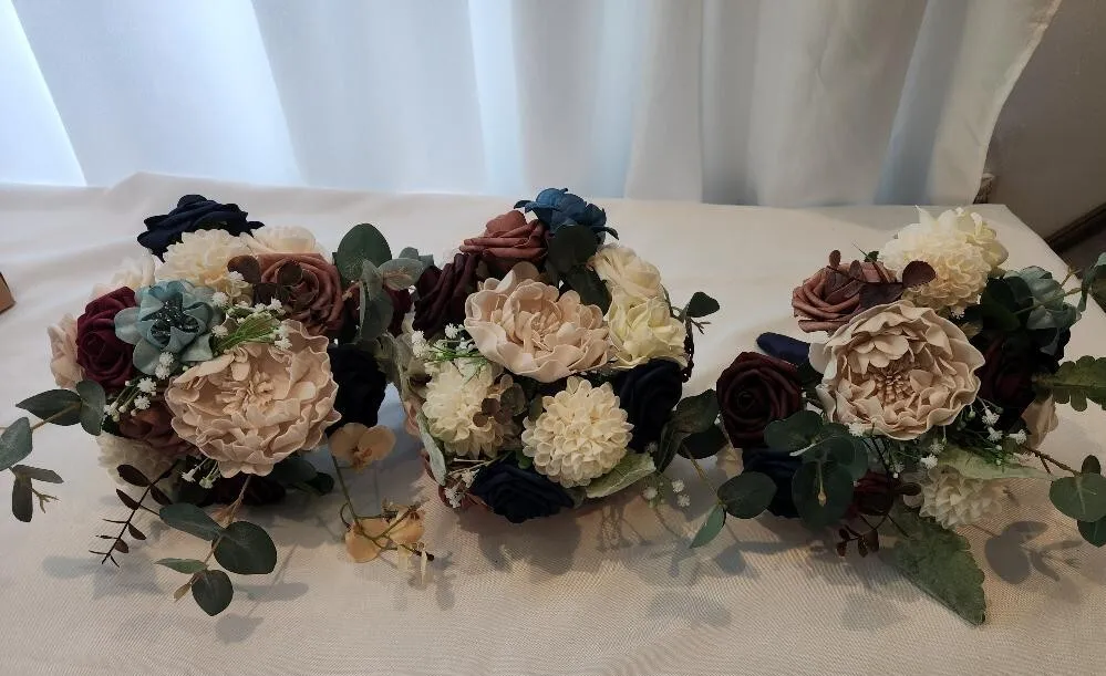 Bride and Bridesmaid Bouquets Navy Blue Mauve White Blush Lt Blue  SET E (QTY 4)