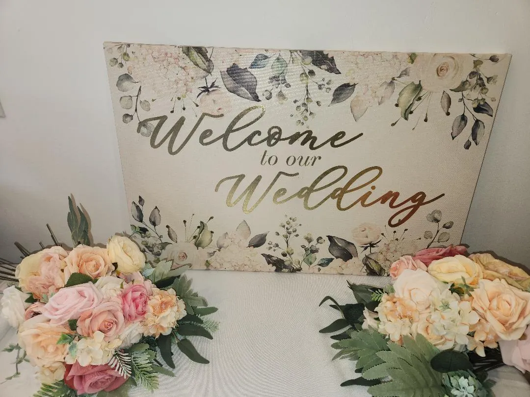 Welcome To Our Wedding Canvas Floral Gold Lettering Sign