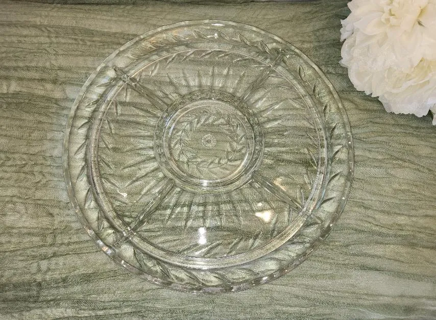 Glass 4 Divided Segmented Section With Dip Center Serving Relish Platter 13.5 in Center Flower and Swirls