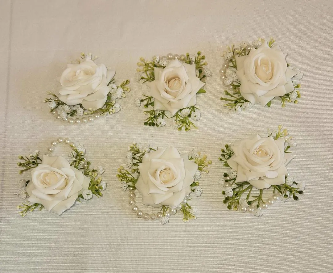 White Rose Wrist Corsage Elastic Beaded Band  (QTY 6)