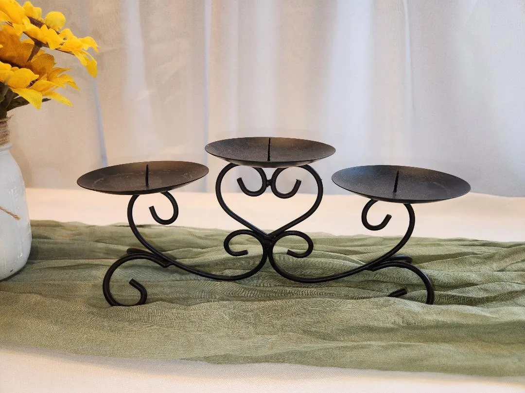 Black Metal Heart Scroll 1 Piece  3 Pillar Candleholder