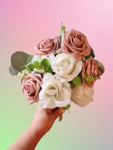 Bridal Bouquet White Roses & Mauve/Pink Roses Set D