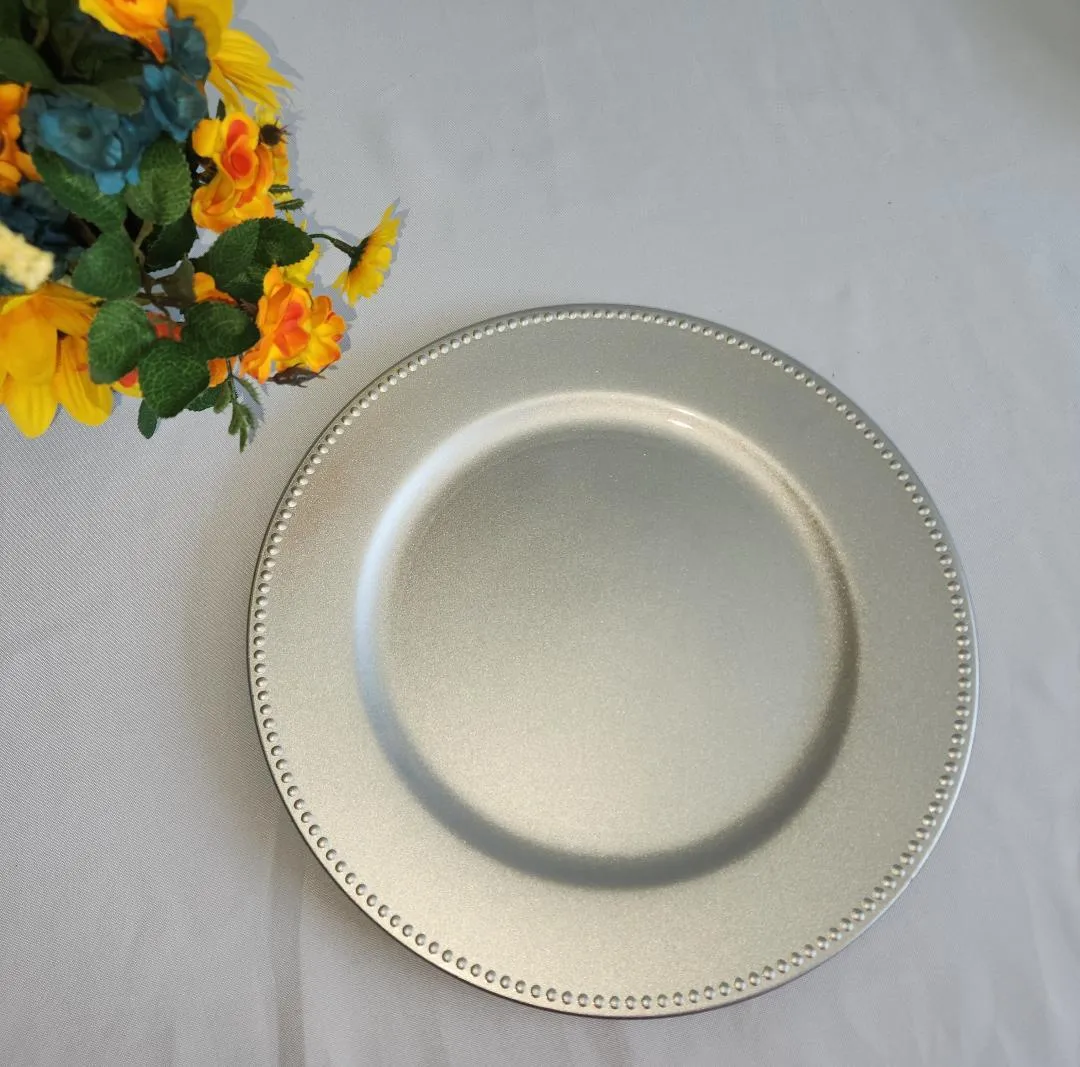Silver Chager Plates Plastic 13 in Diameter Dots on Edges  (QTY 2)