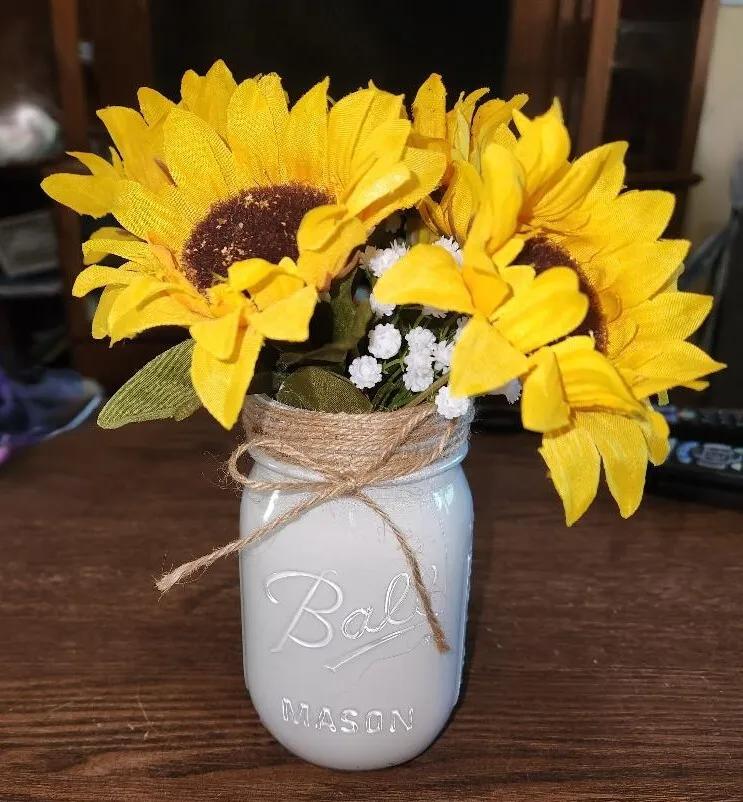 Sunflowers & Baby's Breath Centerpieces In White Mason Jars   (QTY 20)