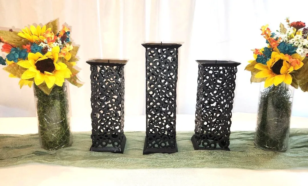 Metal Tall Square Candle Holders 3 Pieces Black Circular Design