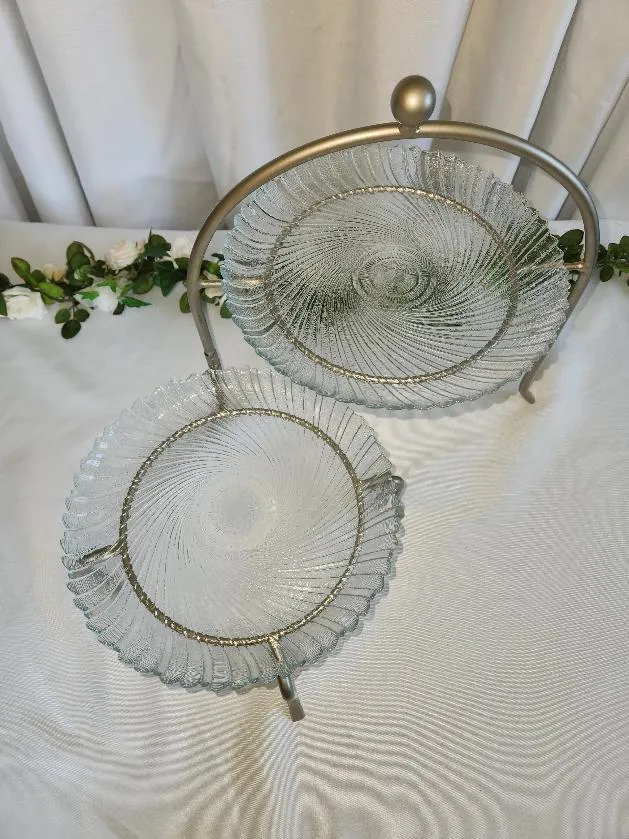 2 Tier Silver Metal Trays Glass Serving Plates Adjustable