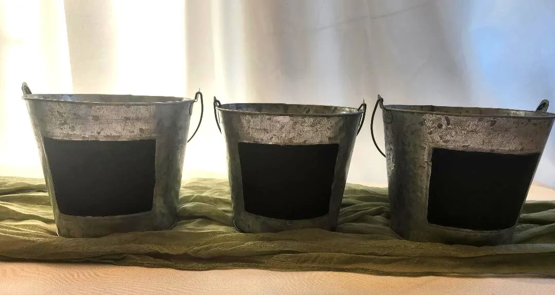 Galvanized Metal Pail With Chalkboard Front 6 in Tall Wood Handles   (QTY 5)   G2