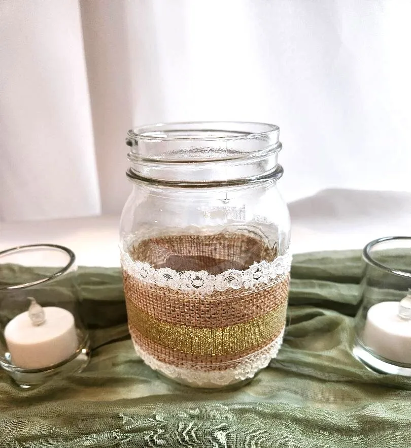 Glass Mason Jars Centerpieces Gold Ribbon Burlap Lace Vases  or Candle Holders (QTY 13)