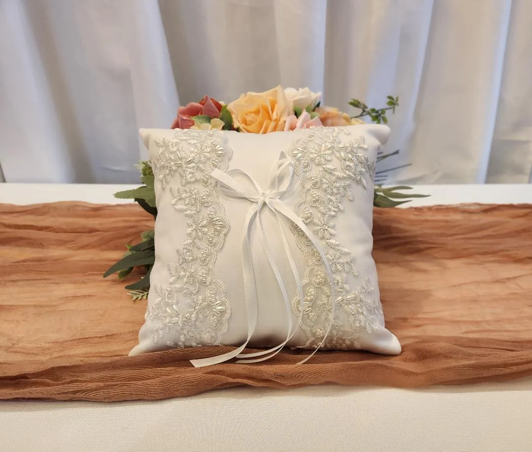 White Ring Bearer Pillow Lace and Beading Back Hand Hold