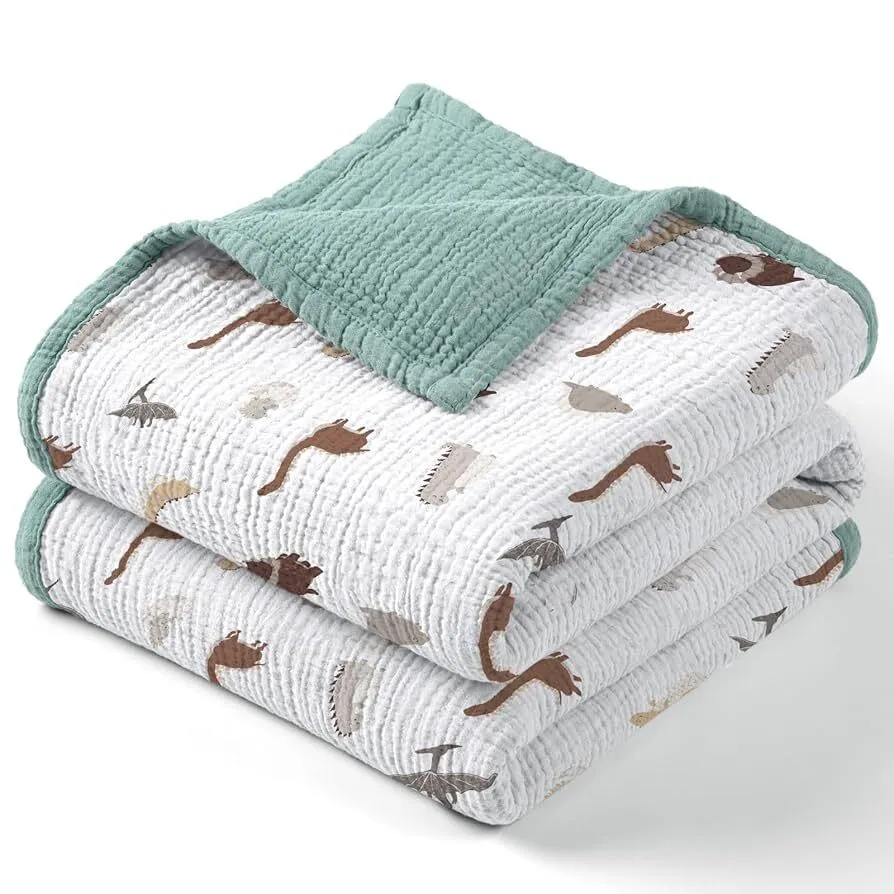 lulumoon Muslin Baby Blanket - Cotton Quilt Blankets for Toddlers - Reversible Nursery Crib Blanket for Baby Boys and Girls 47"x47" Olive Dinosaur