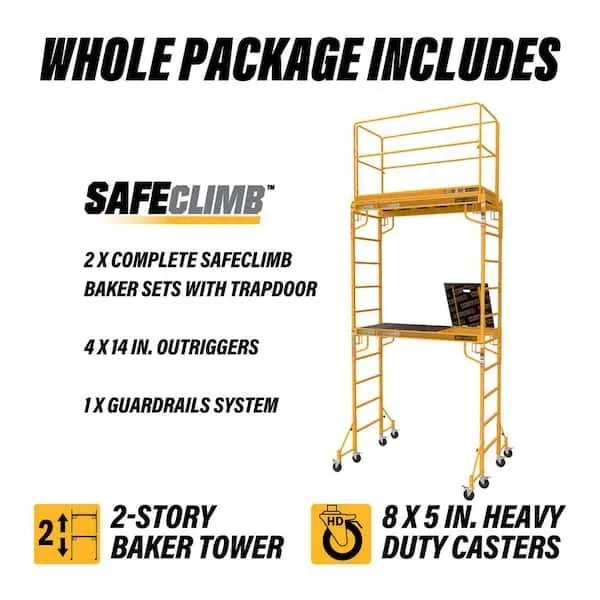 2-Story Mobile Baker Scaffolding Tower with Outriggers, Guard Rail, and Scaffolding Platform