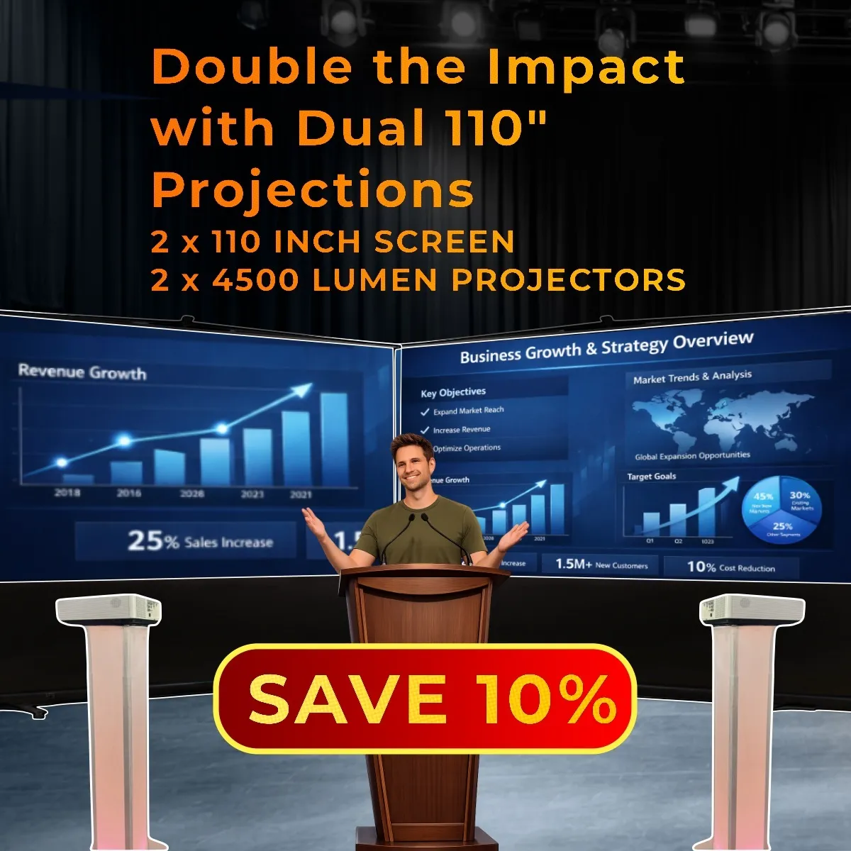 Dual 110″ Screen Projection Bundle With Two 4,500-Lumen Projectors