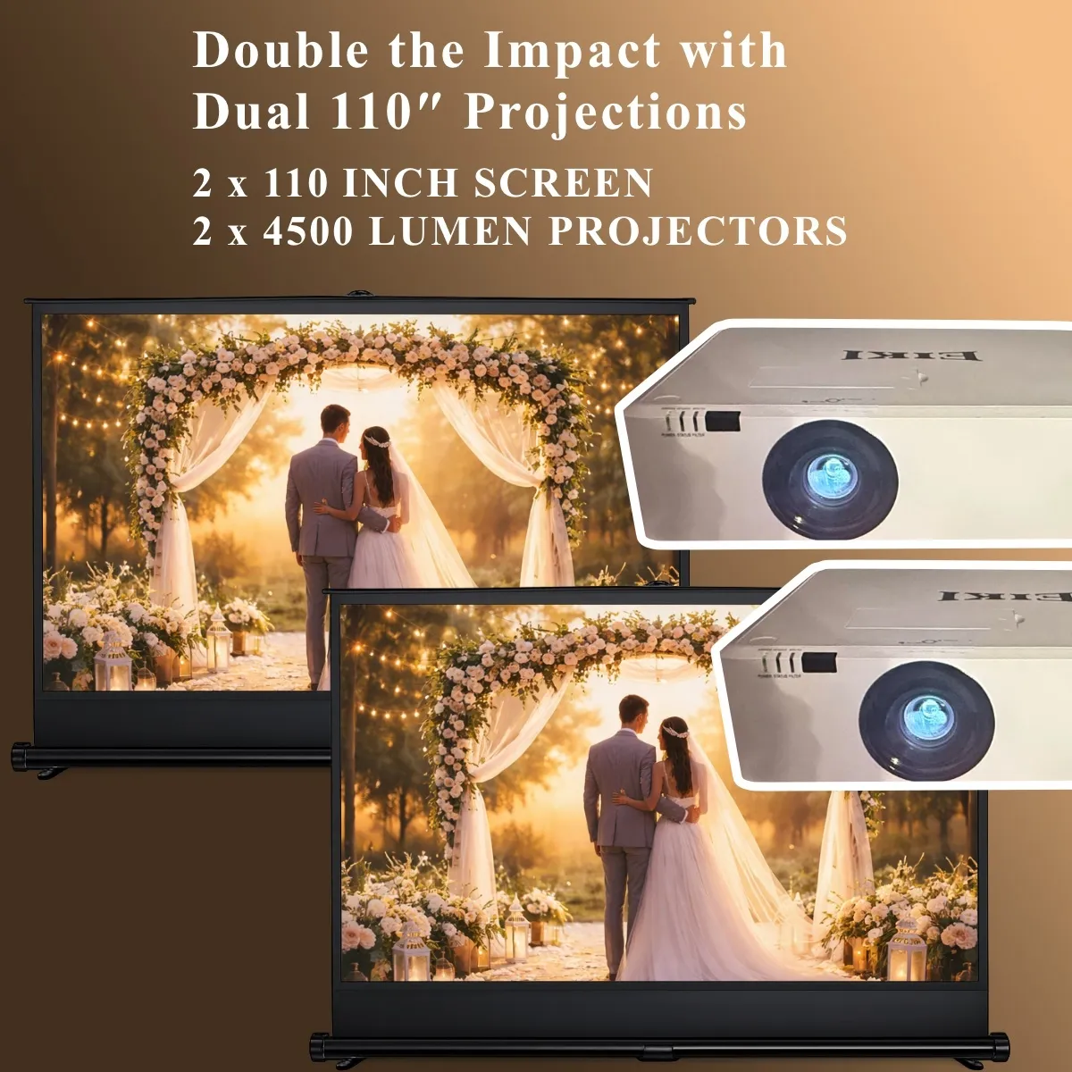 Dual Wedding Projection Setup: Two 110″ Screens + Dual 4,500-Lumen Projectors