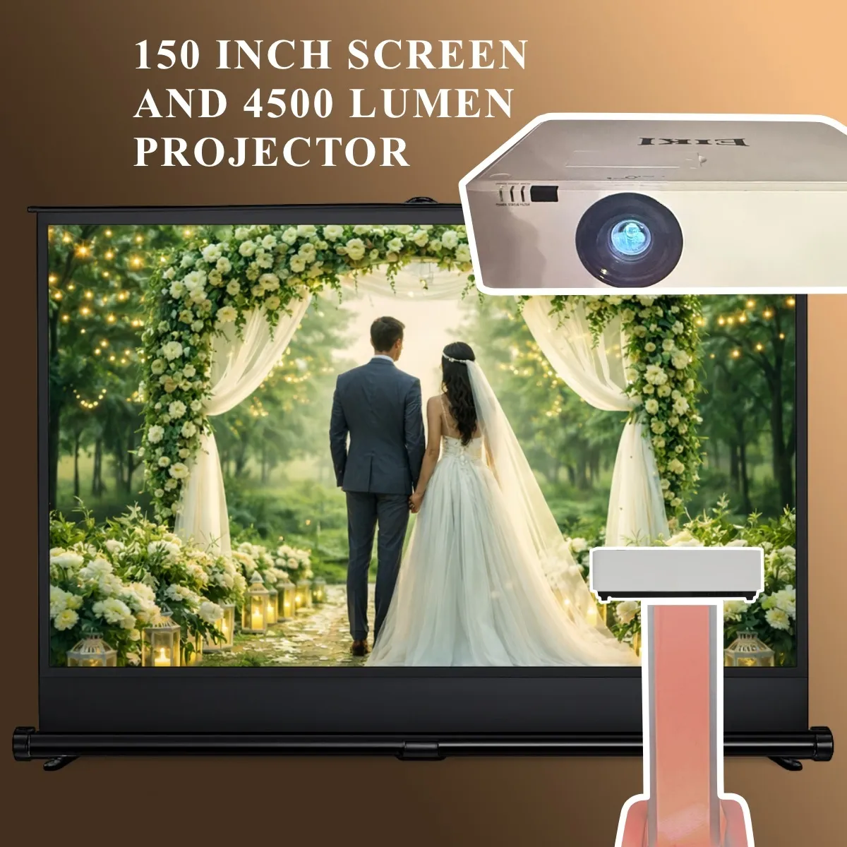 Large Wedding and Party Projector Rental: 4,500-Lumen Projector + 150″ Screen