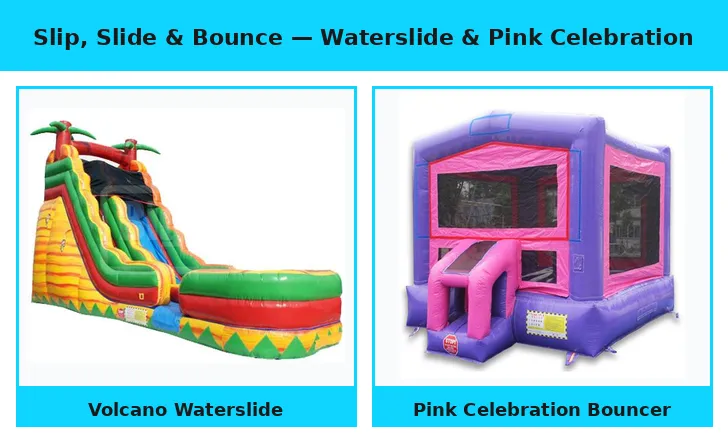 Slip, Slide & Bounce (Volcano Waterslide & Pink Celebration Bouncer)
