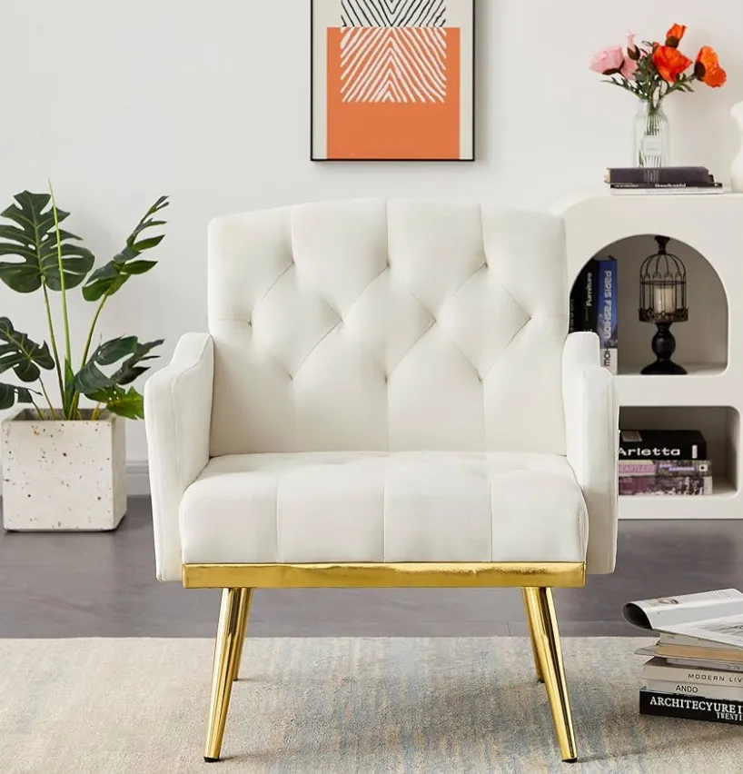 Ivory Tufted Loveseat with Gold Legs