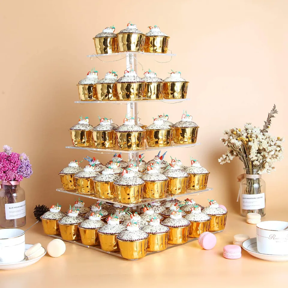 Acrylic square 5-Tier cup cake stand display tower with LED Lights
