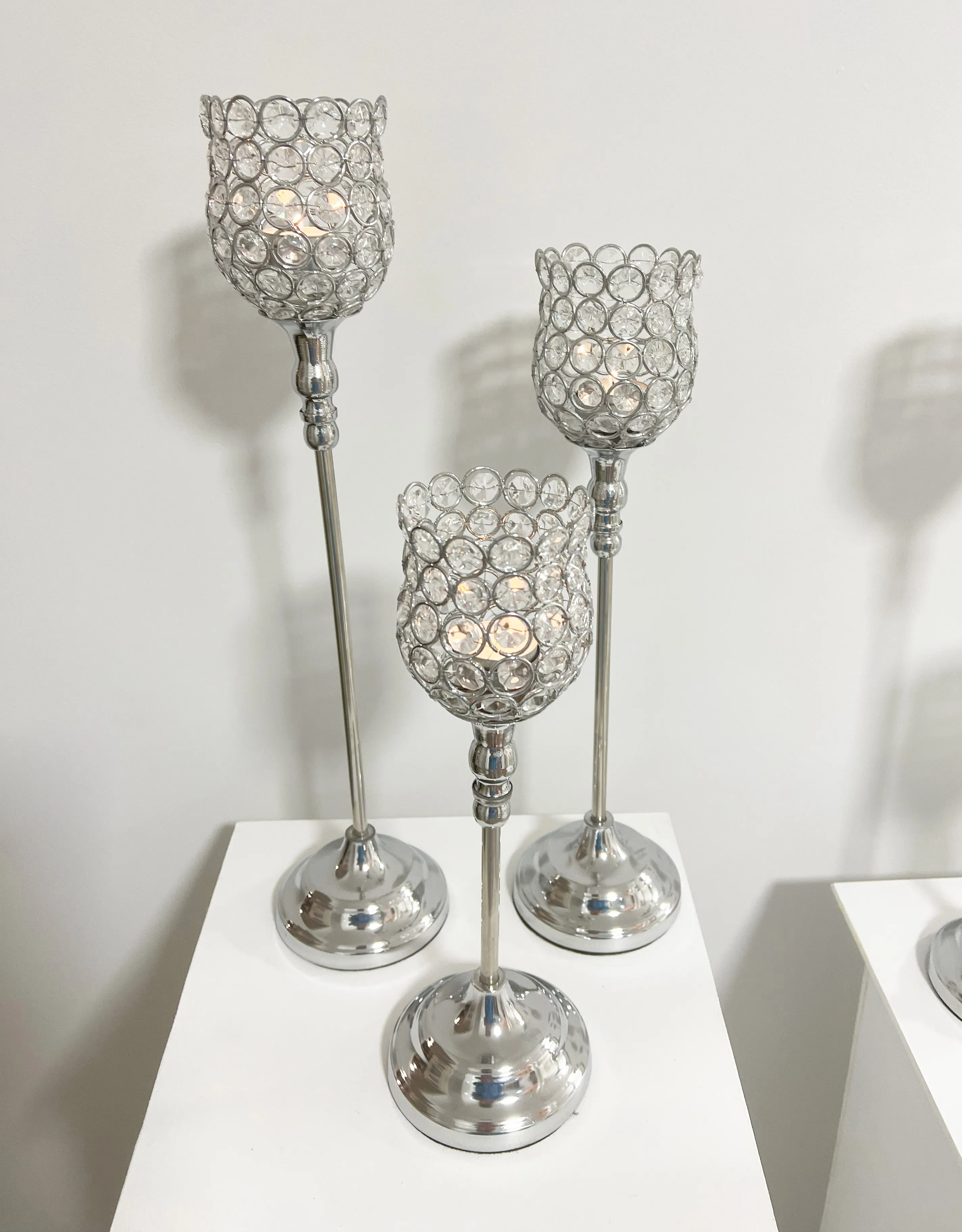Set of 3  beaded goblet candelabras