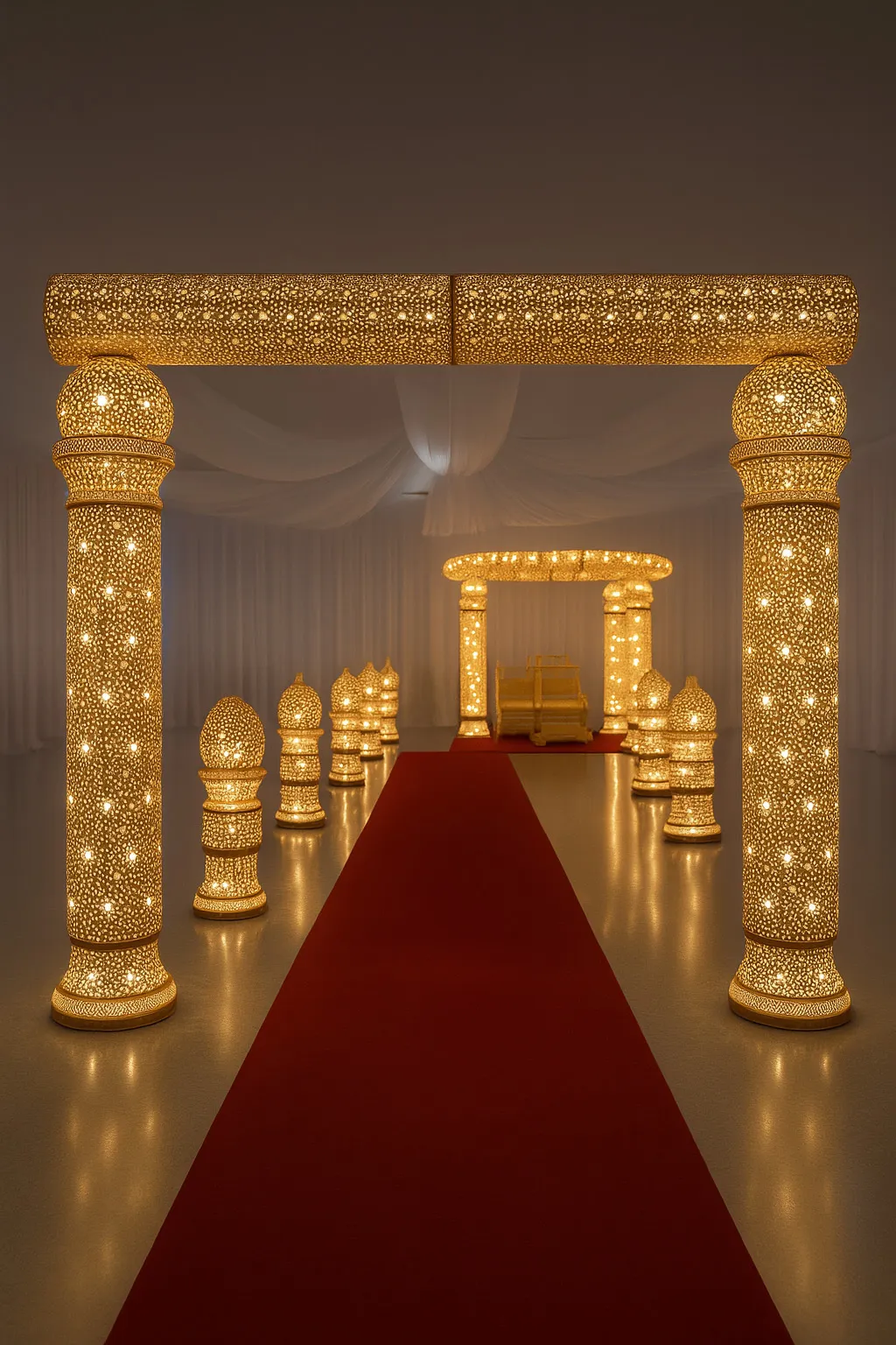 Gold Mandap with Entrance and Pillars Lighting Set