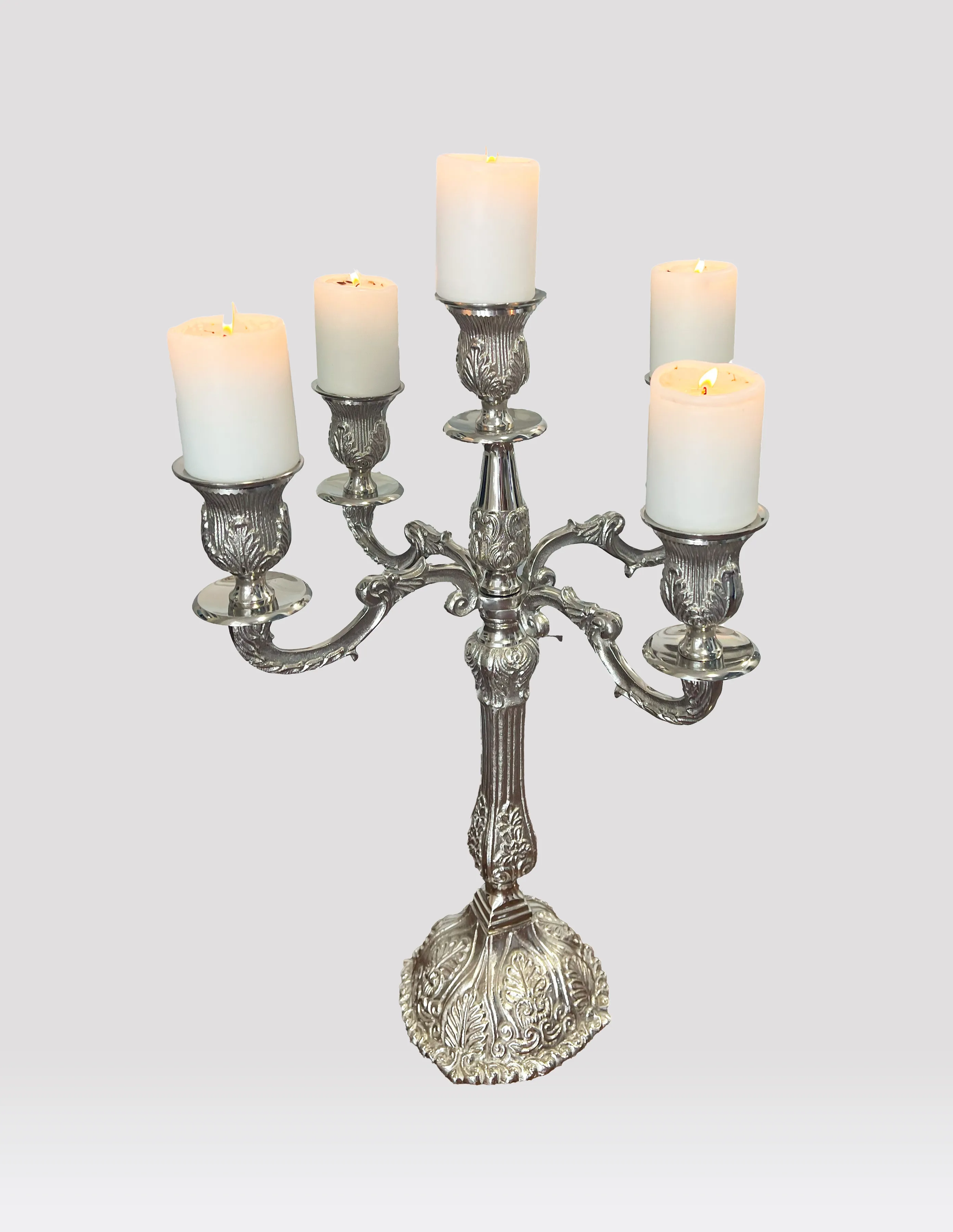 Stainless steel ornate metal 5 arms candelabra 65 cm