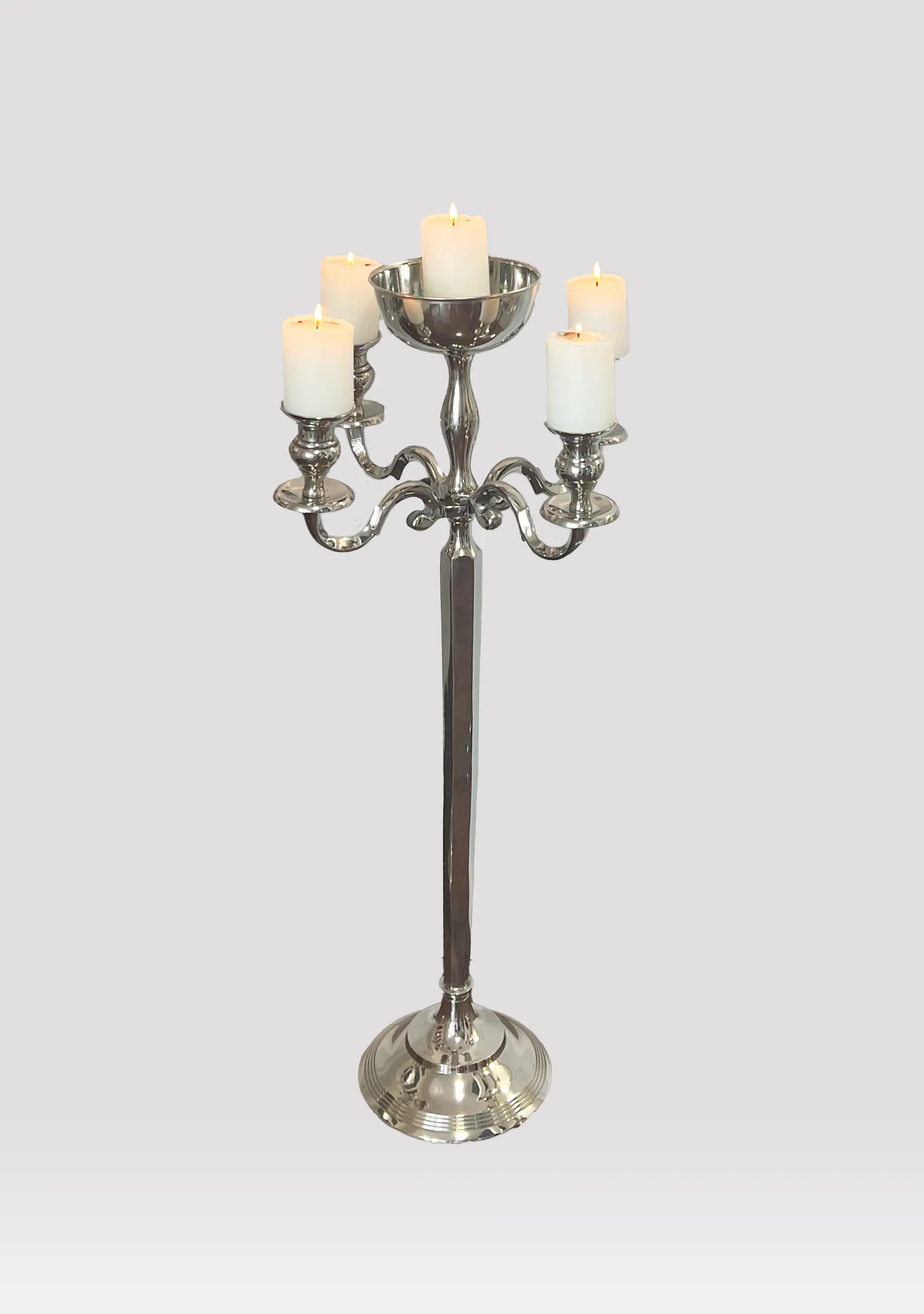Stainless steel metal 5 arms candelabra with central cup 100 cm