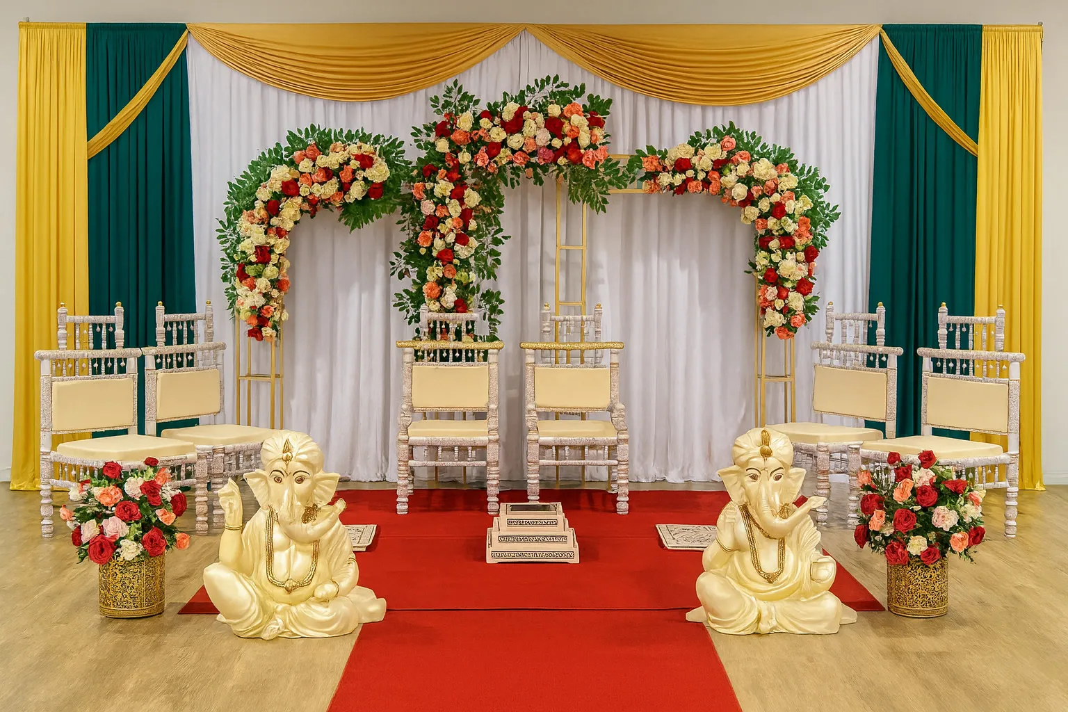 Phera Ceremony Setup with Floral Arch, Backdrop & Ganesha Statues