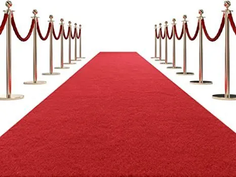 Red and gold  barrier stanchion bollard with red ropes and runner carpet set