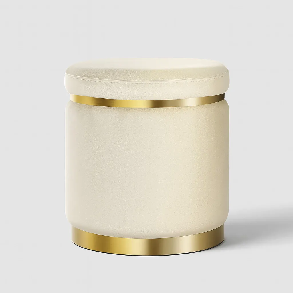 Off-White Velvet Ottoman with Gold Trim