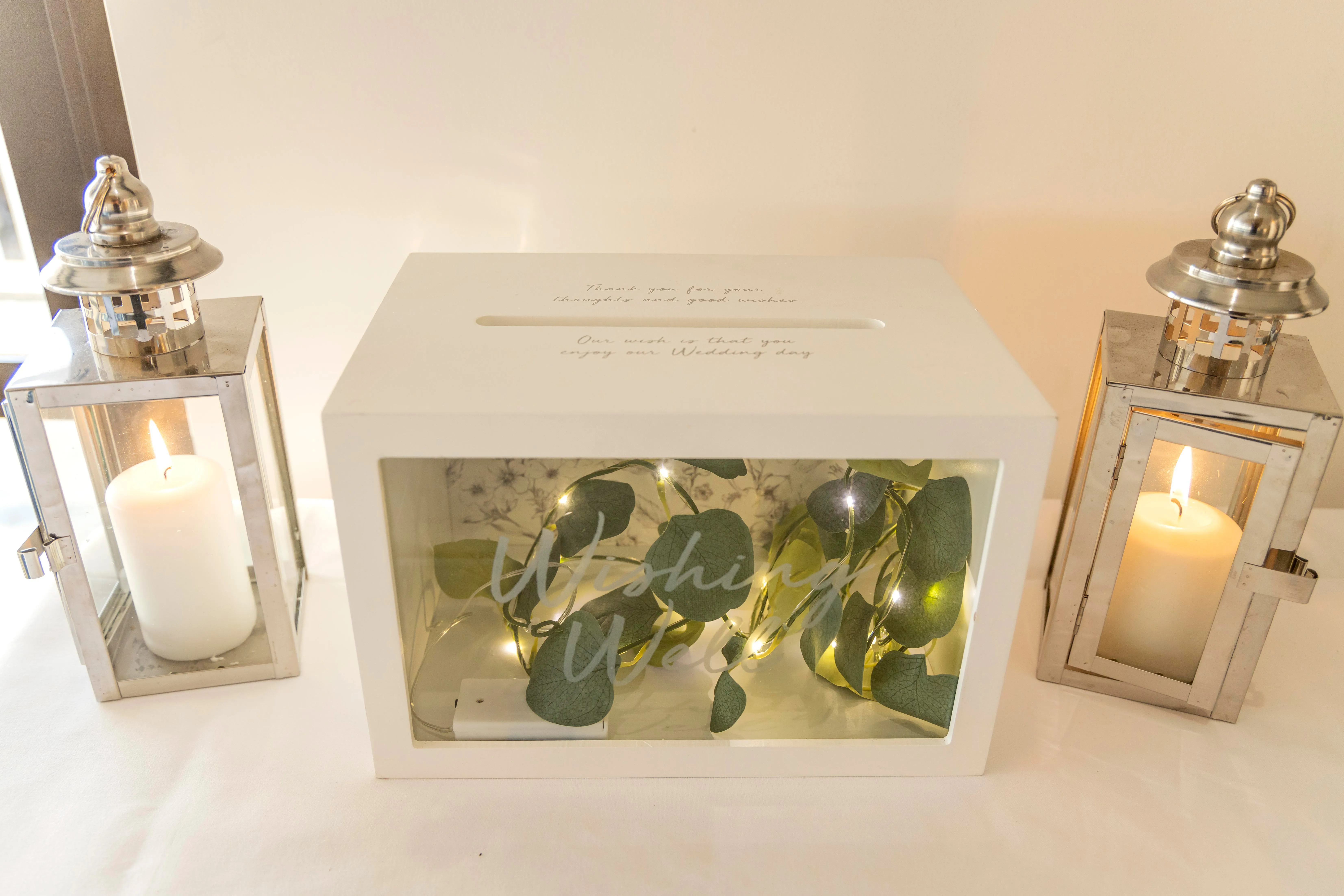 Wishing well white wooden with glass front 