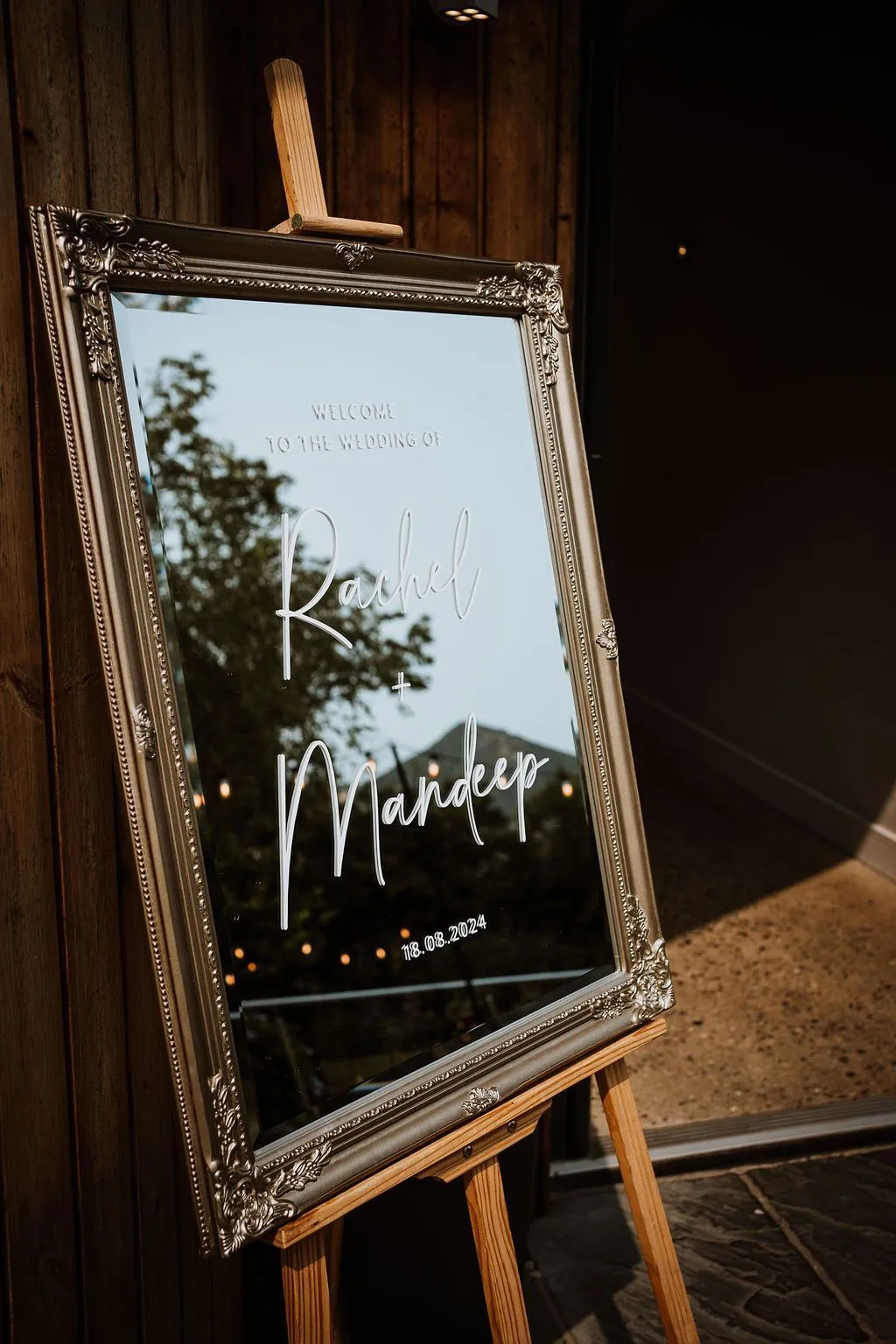 Mirror Welcome Sign w/ Decal on Gold Easel