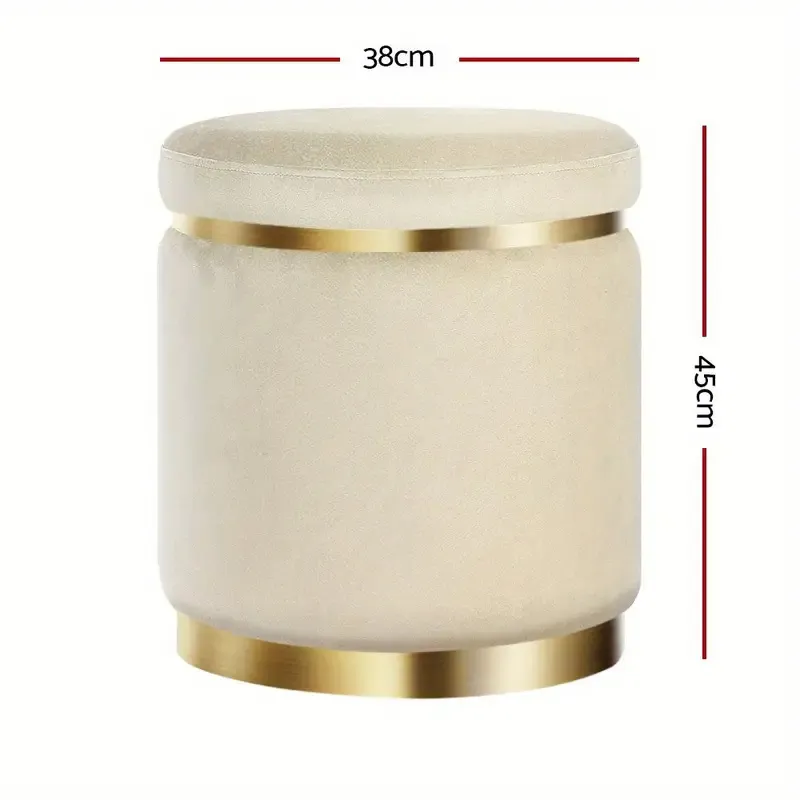 Off-White Velvet Ottoman with Gold Trim