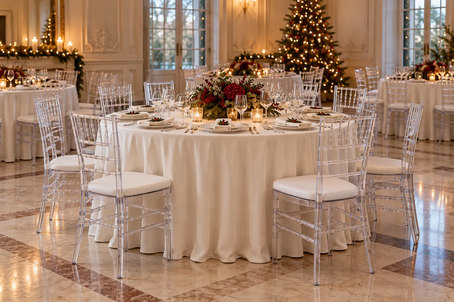 Ambiente de Natal com mesa redonda atoalhada e cadeiras Tiffany transparentes — imagem ilustrativa