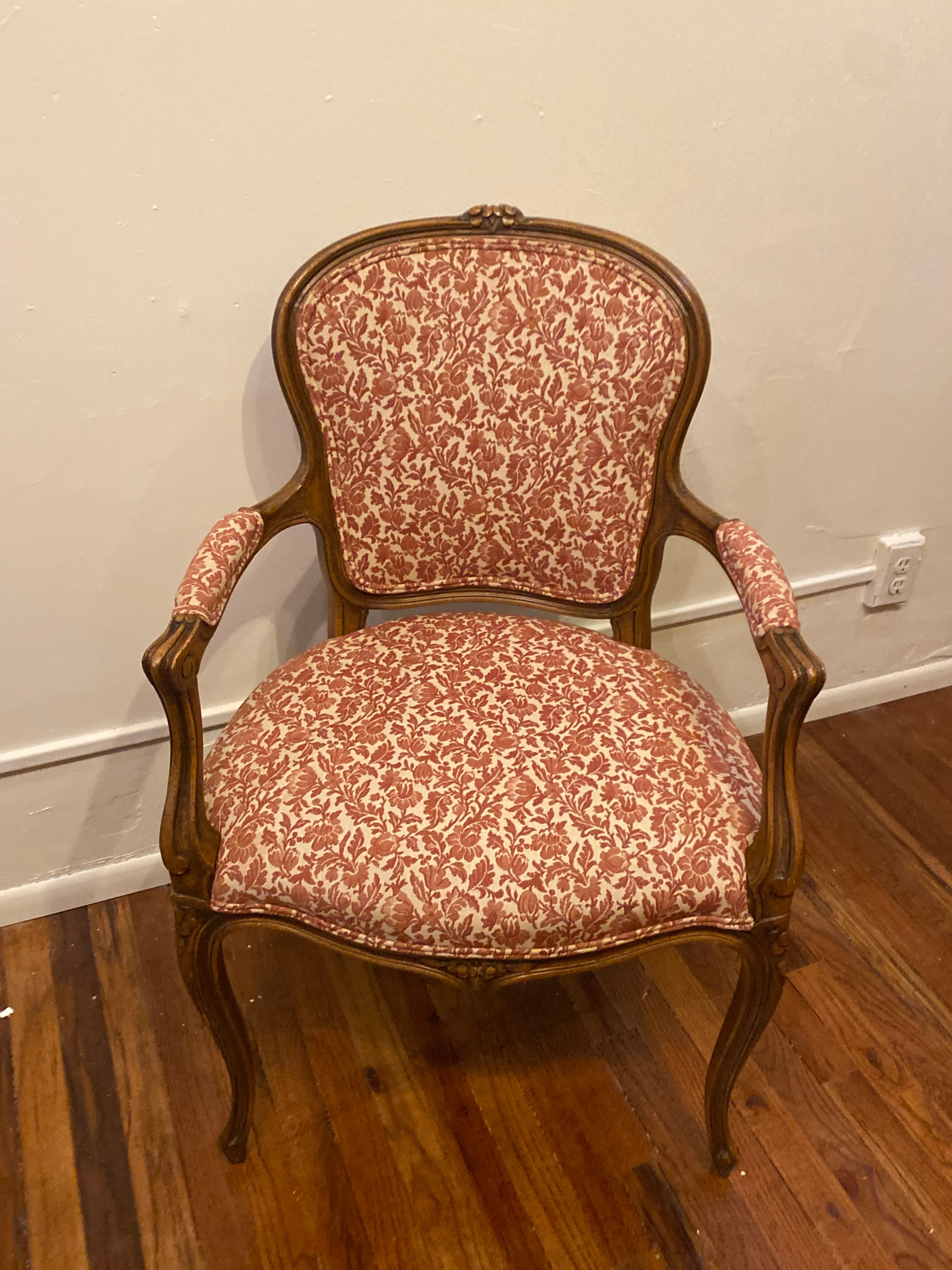 Rose Upholstered Queen Anne Carved Wood Armchair
