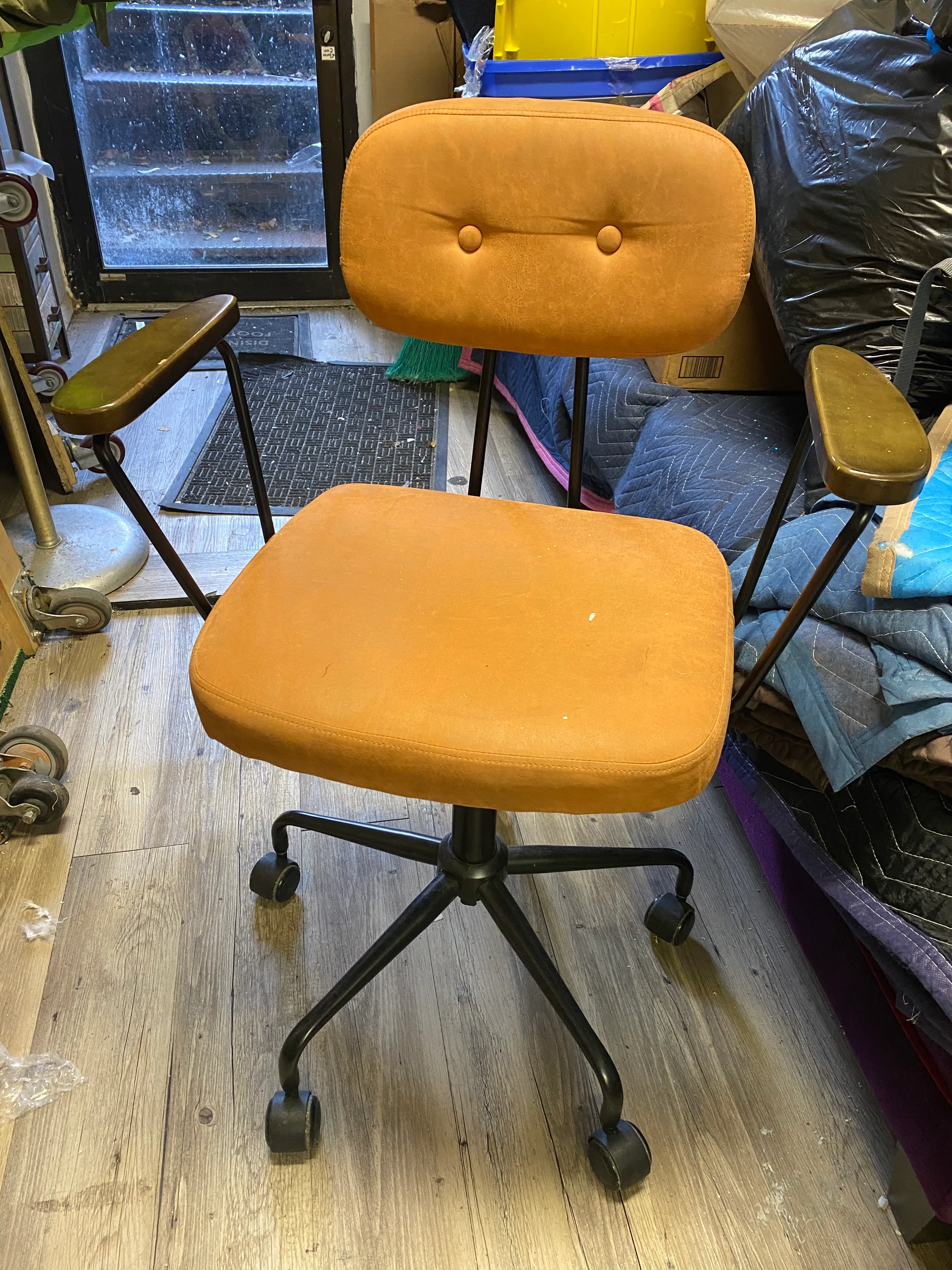 Faux Suede Light Orange Rolling Chair with Wood Arms