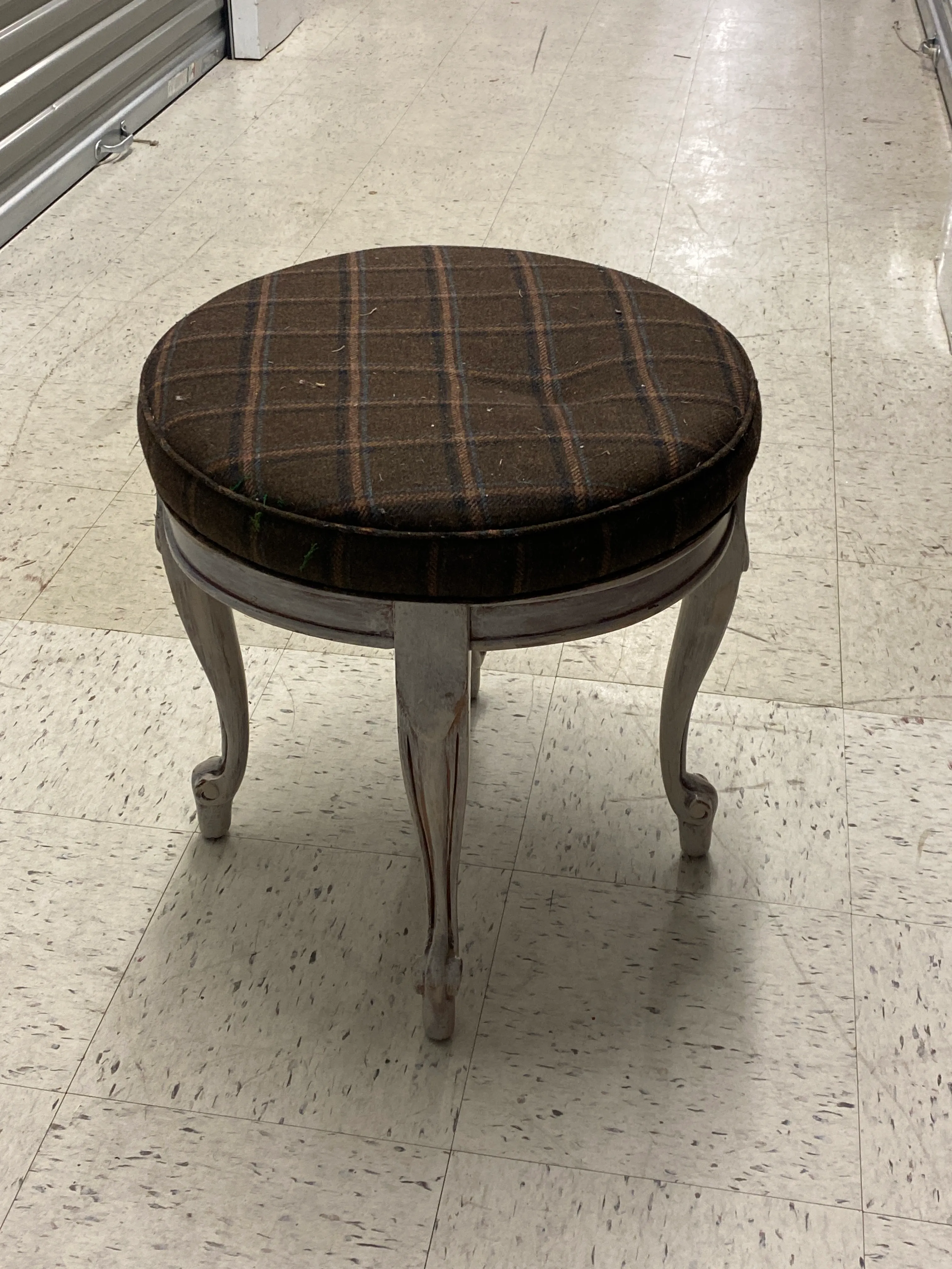 Upholstered Wood Stool with Carved Wood Legs