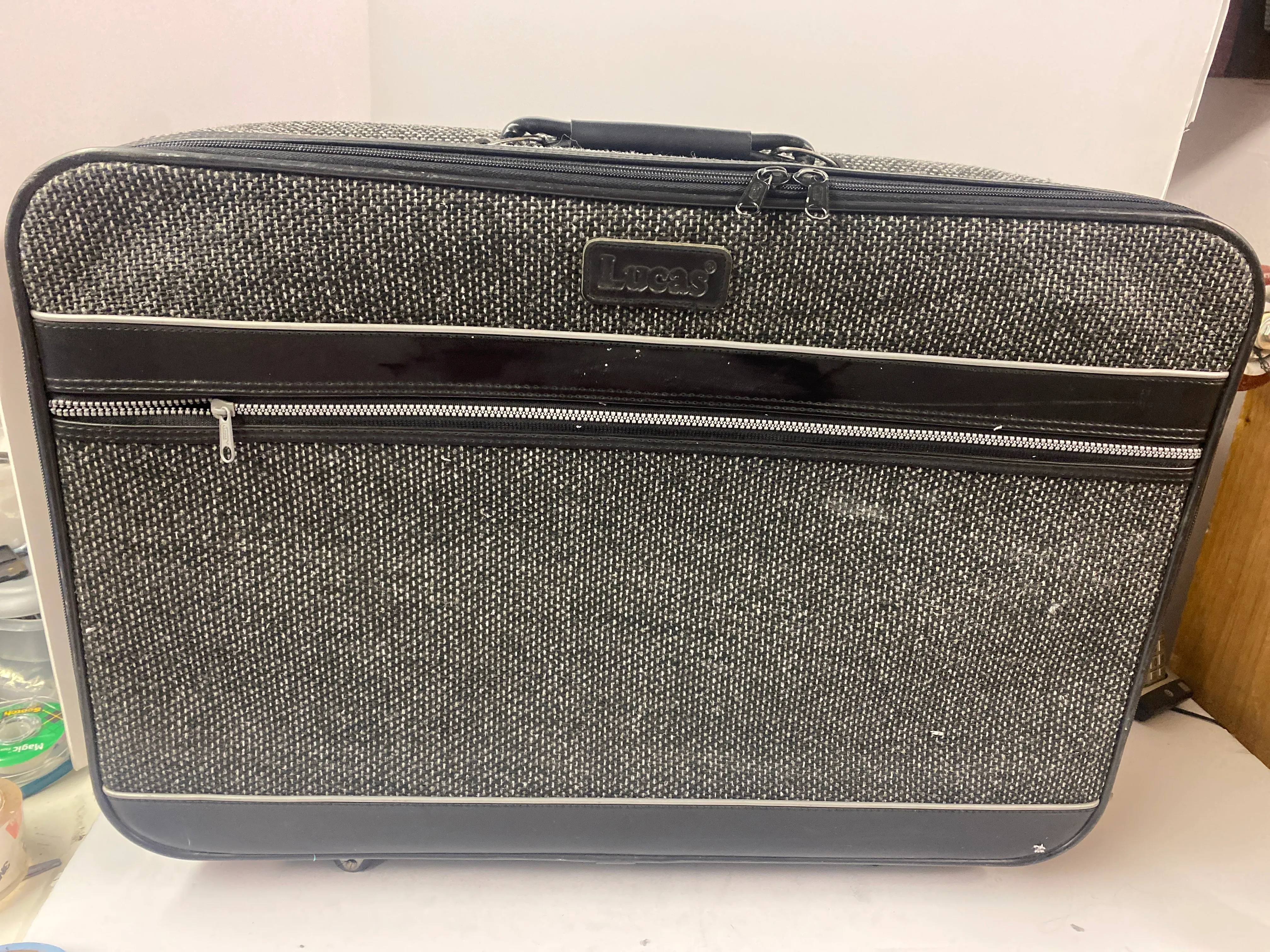 Large Grey Tweed Vintage Suitcase