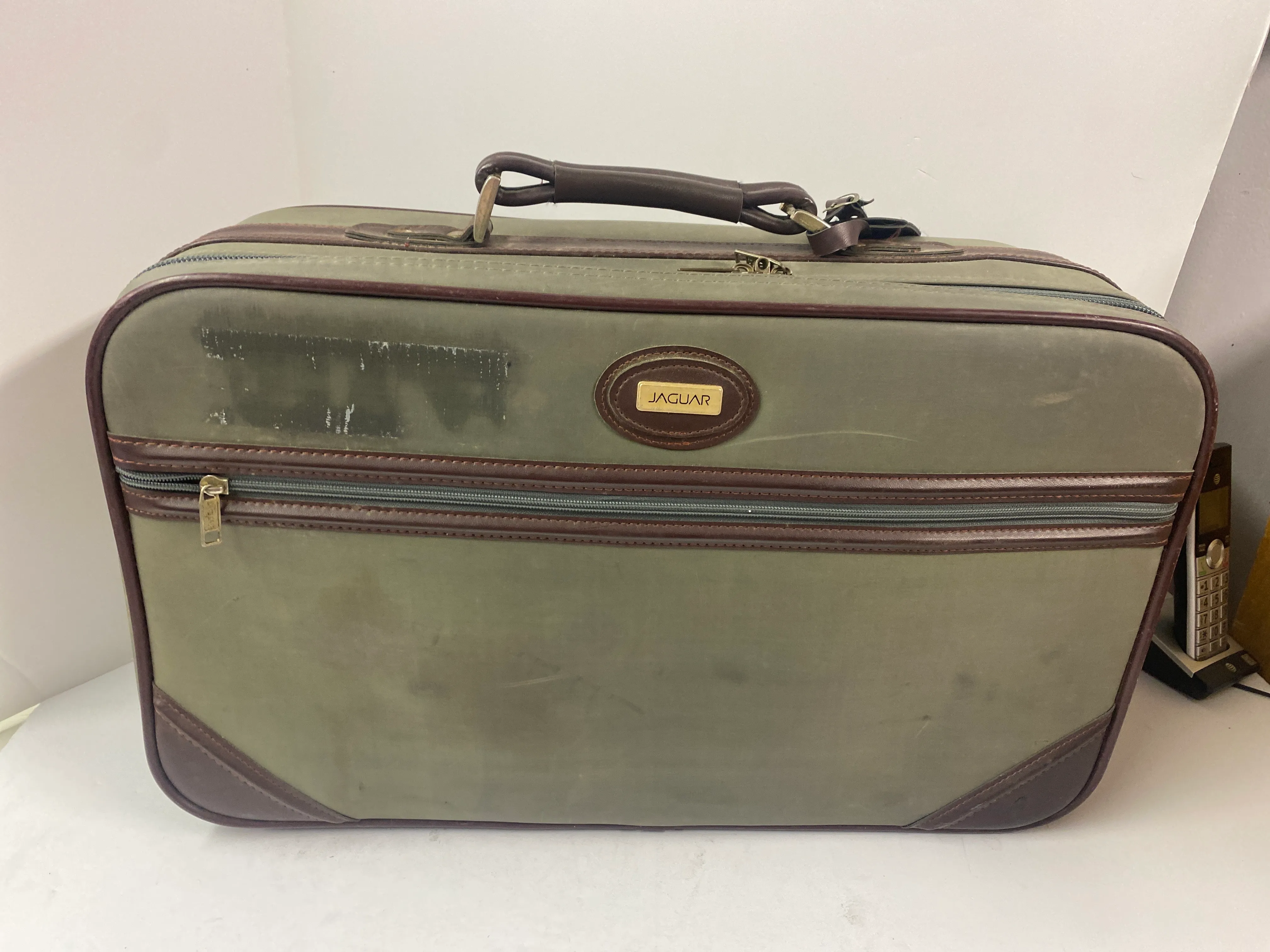 Distressed Olive 1980s Suitcase with Dark Brown Trim